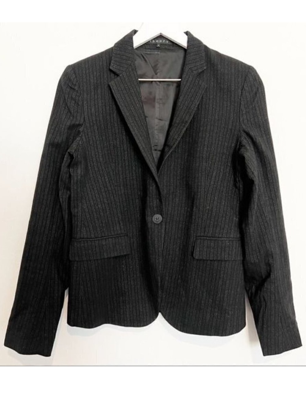 Theory Blazer Size 4 Gray Metallic Pinstripe Virgin Wool Corporate Alternative